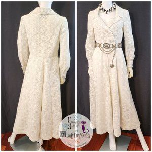 1960s Addie Masters Mod White Lace Palazzo Pants Jumpsuit Dress Hostess M/L